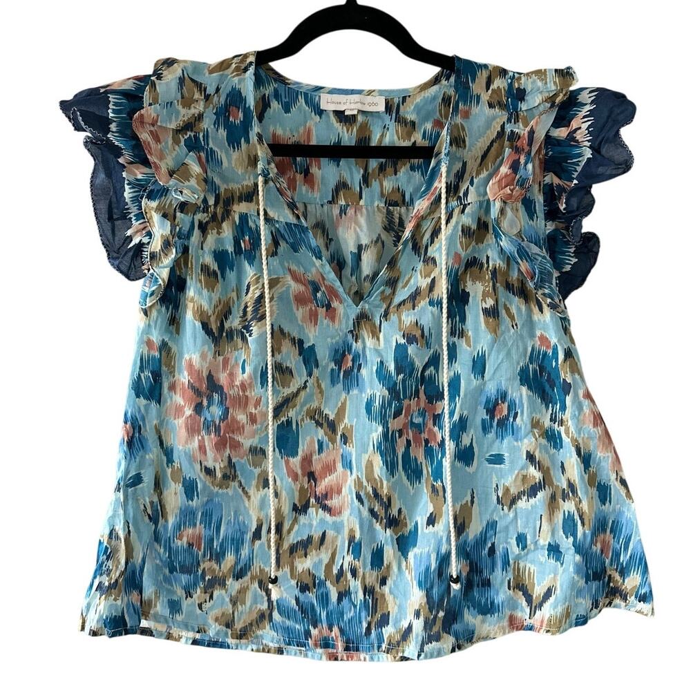 House of Harlow 1960 Blue Boho Flutter Sleeve Tassel Tie Top Medium